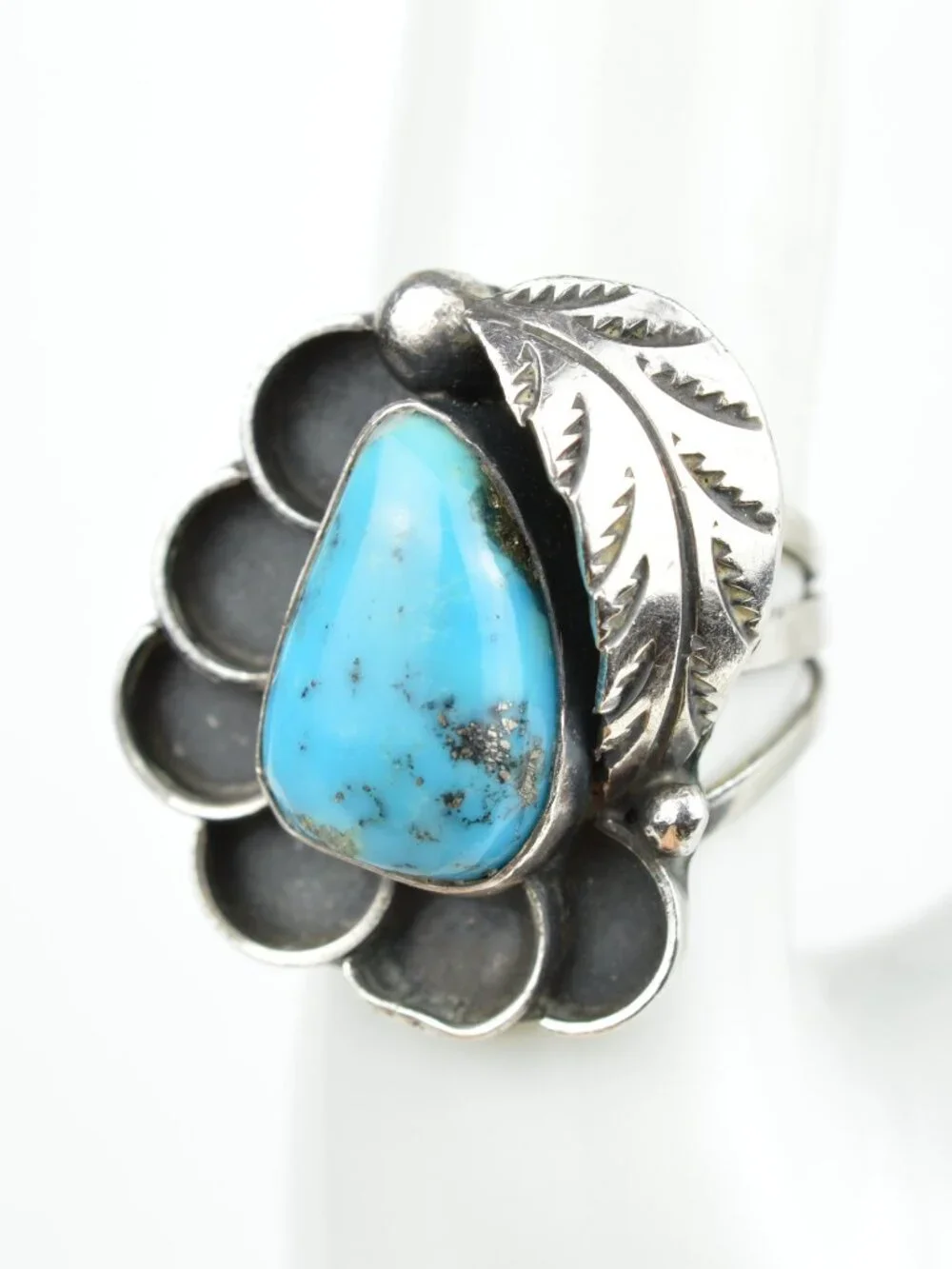 Vintage Navajo Kingman Turquoise Sterling Silver Shadowbox Feather Ring Size 8